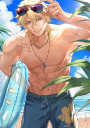  1boy abs adjusting_eyewear aice_alice_ice alternate_costume arm_up beach blonde_hair blue_eyes blue_sky blue_swim_trunks clouds collarbone commentary cowboy_shot curtained_hair floral_print genshin_impact hair_between_eyes highres holding holding_swim_ring innertube jewelry male_focus male_swimwear medium_hair muscular muscular_male navel necklace ocean outdoors parted_lips pectorals pendant scar scar_on_arm scar_on_cheek scar_on_chest scar_on_face sky smile solo standing summer sunglasses swim_ring swim_trunks topless_male untranslatable_commentary varka_(genshin_impact) water 