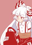  annoyed arms_behind_back artist_request bound_arms fujiwara_no_mokou hair_ribbon long_hair nervous pokopoiyo red ribbon rope simple_background sitting slit_pupils solo suspenders sweatdrop tied_up touhou 