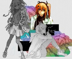  1girl a.i._voice adachi_rei black_shirt checkered_background closed_mouth fake_transparency flower from_side holding holding_flower jacket looking_at_viewer multiple_views one_side_up open_clothes open_jacket orange_eyes orange_hair pantyhose pantyhose_under_shorts partially_colored screamingsarang shirt shoes shorts sitting standing utau white_jacket 