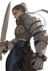  1girl absurdres adapted_costume armor artist_name belt black_pantyhose bracelet breastplate brown_hair bun_cover chun-li dagger determined earrings fantasy gauntlets gorget hair_bun highres holding holding_sword holding_weapon jewelry knife knife_sheath morry pantyhose pauldrons pearl_earrings pelvic_curtain sheath shoulder_armor sketch spiked_bracelet spiked_pauldrons spikes street_fighter sword unfinished weapon white_background 