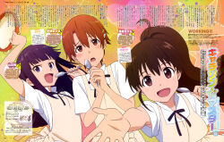  3girls absurdres ahoge anime_coloring apron arm_up artist_name black_bow black_bowtie blunt_bangs blush bow bowtie breasts brown_eyes brown_hair character_name collared_shirt dot_nose dutch_angle embarrassed flat_chest hair_ornament hairclip hand_up hands_up highres holding holding_spoon holding_tambourine inami_mahiru instrument large_breasts long_hair looking_at_viewer magazine_scan multiple_girls musical_note official_art open_hand open_mouth orange_eyes orange_hair outstretched_arm own_hands_clasped own_hands_together palms pink_background ponytail purple_hair reaching reaching_towards_viewer scan shirt short_hair short_sleeves smile spoon spread_fingers star_(symbol) straight-on tambourine taneshima_popura tareme tsurime upper_body violet_eyes wagnaria_uniform waitress white_shirt working!! yamada_aoi yellow_apron yellow_background 