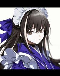  1girl black_eyes black_hair bow commentary_request dress fate/grand_order fate_(series) kawakami_gensai_(fate) kawakami_gensai_(second_ascension)_(fate) long_hair looking_at_viewer maid_headdress multicolored_hair okchun purple_dress smile solo upper_body white_hair 
