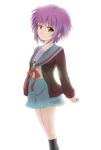  cardigan hiqu nagato_yuki nagato_yuki_(shoushitsu) purple_hair school_uniform short_hair suzumiya_haruhi_no_shoushitsu suzumiya_haruhi_no_yuuutsu 