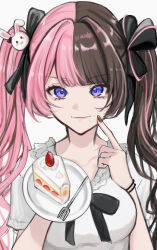  1girl absurdres black_ribbon bow breasts brown_bow brown_hair brown_nails cake cake_slice closed_mouth collarbone commentary_request crumbs eyelashes eyeshadow fingernails food frilled_shirt frills hair_intakes hair_ornament hair_ribbon highres holding holding_plate index_finger_raised long_hair looking_at_viewer makeup multicolored_hair nail_polish noaa._(pixiv_121342740) pink_bow pink_eyeshadow pink_hair pink_lips pink_ribbon plate rabbit_hair_ornament ribbon shirt simple_background smile solo split-color_hair spoon tachibana_hinano twintails two-tone_hair violet_eyes virtual_youtuber vspo! white_background white_shirt wristband 