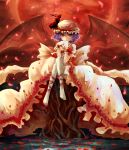  adapted_costume bat_wings bow corset crossed_legs dress hat large_bow leg_ribbon no_shoes purple_hair red_eyes remilia_scarlet ribbon sitting sitting_on_object smile thighhighs touhou vetina white_legwear wings wrist_cuffs 