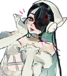  1girl alien_stage bandana black_hair dress elbow_gloves gloves hair_between_eyes long_hair looking_at_viewer microphone off-shoulder_dress off_shoulder open_mouth simple_background smile solo sua_(alien_stage) t6m6m6 violet_eyes white_bandana white_dress white_gloves zombie_stage 