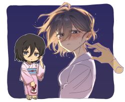  1girl bag black_hair blush border breasts chibi commentary_request disembodied_hand grey_eyes hair_between_eyes hand_in_own_hair highres holding holding_bag japanese_clothes kimono korean_commentary medium_breasts mikasa_ackerman obi pink_kimono purple_background sandals sash scar scar_on_cheek scar_on_face shallwe_pudding shingeki_no_kyojin short_hair sweatdrop upper_body white_border 