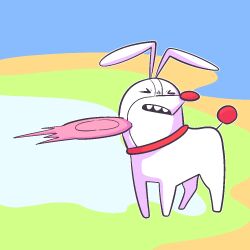  >_< animal animal_focus animalization blue_background closed_eyes collar commentary dog energy_beam firing full_body nehununume no_humans open_mouth outline rhythm_tengoku rhythm_tengoku_miracle_stars sharp_teeth solo standing teeth white_outline 