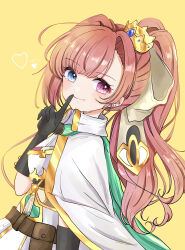  1girl absurdres belt black_gloves blue_eyes brown_belt chanon cloak commentary crown dress elbow_gloves finger_to_mouth from_side gloves hair_intakes hair_ribbon heart heterochromia highres looking_at_viewer monster_strike piercing pink_eyes pink_hair ponytail ribbon solo solomon_(monster_strike) white_cloak white_dress yellow_background 