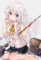  1girl ahoge armpit_crease bag barefoot black_skirt blue_eyes braid breasts broom broom_riding center_frills collared_shirt commentary_request elaina_(majo_no_tabitabi) fingernails frills grey_hair hair_between_eyes highres looking_at_viewer majo_no_tabitabi nail_polish pink_nails pleated_skirt popokki ribbon shirt sitting skirt sleeveless sleeveless_shirt small_breasts solo toenails toes white_shirt yellow_ribbon 
