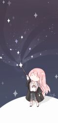  1girl ankle_socks arm_up black_coat black_eyes black_shoes black_skirt blush_stickers brooch brown_ribbon casting_spell chibi chinese_commentary clothing_cutout coat collared_shirt commentary_request hair_between_eyes highres holding holding_wand interruption_(echo-023) jewelry layered_sleeves long_hair long_sidelocks long_sleeves loose_socks magic medium_skirt neck_ribbon nikki_(nikki) nikki_(series) no_mouth open_clothes open_coat pink_hair pleated_skirt print_skirt ribbon shadow shining_nikki shirt shoes shoulder_cutout sidelocks signature skirt sky socks solid_oval_eyes solo standing star_(sky) star_(symbol) star_brooch star_print starry_sky striped_clothes striped_skirt upturned_eyes vertical-striped_clothes vertical-striped_skirt very_long_hair wand wavy_hair white_shirt white_socks wide_sleeves 