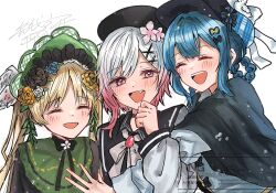  3girls beret bird_hat_ornament black_bow black_bowtie black_capelet black_choker black_coat black_flower black_hat black_rose blonde_hair blue_hair bonnet bow bow_flower bowtie braid braided_hair_rings capelet choker closed_eyes coat collared_coat commentary_request deerstalker fang flower flower-trimmed_sleeves gradient_hair green_bonnet grey_vest hair_bow hair_flower hair_ornament hair_rings hat hat_bow hat_flower highres hug long_hair long_sleeves mahou_shoujo_no_majo_saiban multicolored_hair multiple_girls neck_ribbon open_mouth pink_eyes pink_hair ribbon rose sakuraba_ema shirt short_hair simple_background sleeveless sleeveless_coat smile tachibana_sherry teeth tono_hanna twintails upper_teeth_only vest watermark white_background white_flower white_hair white_ribbon white_rose white_shirt white_sleeves winged_hat x_hair_ornament yashiromiya_inori yellow_flower yellow_rose yuri 