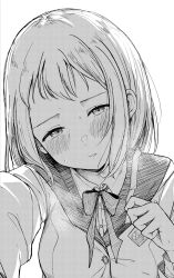  1girl absurdres alternate_hairstyle arm_out_of_frame blush breasts commentary_request emblem gakuen_idolmaster greyscale half-closed_eyes hands_up hatsuboshi_gakuen_school_uniform head_tilt heavy_breathing highres idolmaster jacket katsuragi_lilja long_sleeves looking_at_viewer medium_breasts monochrome muimuimuimui neck_ribbon parted_lips reaching reaching_towards_viewer ribbon school_uniform shirt short_hair solo sweat upper_body 