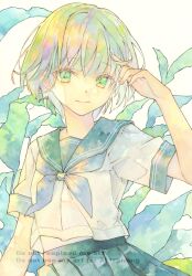  1girl blue_neckerchief closed_mouth commentary_request cowboy_shot green_eyes green_hair green_sailor_collar green_skirt hand_in_own_hair looking_at_viewer neckerchief original painting_(medium) plant pleated_skirt sailor_collar sailor_shirt school_uniform serafuku shirt short_hair short_sleeves signature skirt smile solo touto_seiro traditional_media watercolor_(medium) watermark 