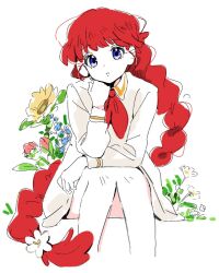  1girl blue_eyes braid flower hair_flower hair_ornament head_rest lala_(sayonara_lara) long_hair low-braided_long_hair low-tied_long_hair necktie red_hair red_necktie sanke sayonara_lara single_braid sitting solo very_long_hair white_flower yellow_flower 