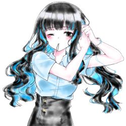  1girl black_hair black_skirt blue_hair blue_shirt blush breasts collared_shirt colored_inner_hair commentary_request eyeliner fate/grand_order fate_(series) grey_eyes hair_tie_in_mouth hakka_man long_hair looking_at_viewer makeup medium_breasts mouth_hold multicolored_hair one_eye_closed shirt short_sleeves sidelocks skirt solo tenochtitlan_(fate) tenochtitlan_(fgo_mart)_(fate) tying_hair 