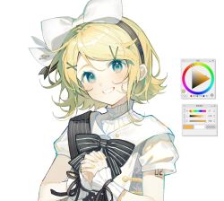  1girl art_program_in_frame black_bow black_ribbon blonde_hair blue_eyes bow color_picker color_wheel commentary hair_bow hair_ornament hair_ribbon hairclip highres kagamine_rin light_blush makka_potato miku_symphony_(vocaloid) number_tattoo own_hands_clasped own_hands_together ribbon shirt short_hair short_sleeves simple_background smile solo striped_bow striped_ribbon symphony_rin symphony_rin_(2024) tattoo treble_clef two-tone_bow two-tone_ribbon upper_body vocaloid white_background white_bow white_shirt window_(computing) wrist_cuffs x_hair_ornament yellow_nails 