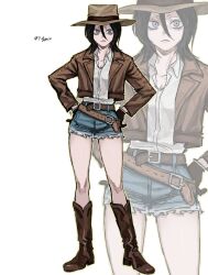 1girl absurdres black_hair bleach boots brown_hat brown_jacket commentary cowboy cowboy_boots cowboy_hat cowboy_western cowgirl_(western) denim denim_shorts hat highres holster holstered jacket kuchiki_rukia leather leather_jacket open_clothes open_jacket p_glansk short_hair shorts solo 