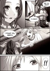  ! !! 1boy 1girl aerith_gainsborough black_shirt child cloud_strife commentary_request english_text final_fantasy final_fantasy_vii final_fantasy_vii_remake hair_ribbon halu-ca hide_and_seek highres hugging_own_legs looking_at_another low_ponytail monochrome official_alternate_costume open_mouth parted_bangs parted_lips ponytail ribbon sailor_collar sepia shirt shirt_under_shirt short_hair sidelocks smile spiky_hair white_sailor_collar white_shirt 
