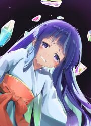  1girl bad_id bad_twitter_id blue_hair blunt_bangs blush clenched_teeth commentary_request crying crying_with_eyes_open furude_rika highres higurashi_no_naku_koro_ni inactive_account japanese_clothes kakera kimono long_hair long_sleeves looking_at_viewer miko sinrin_uo solo tears teeth violet_eyes white_kimono 