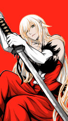  1girl absurdres bare_shoulders blonde_hair breasts closed_mouth commentary_request dress highres holding holding_sword holding_weapon katana kiss-shot_acerola-orion_heart-under-blade kizumonogatari large_breasts long_hair looking_at_viewer monogatari_(series) oshino_shinobu pointy_ears red_background red_dress simple_background sitting smile sword tsukihi_shida vampire weapon yellow_eyes 
