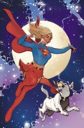  1girl artist_collaboration blue_shirt boots cape closed_eyes commentary dc_comics dog english_commentary full_moon highres krypto_the_superdog long_hair moon open_mouth rachel_dodson red_boots red_cape red_skirt shirt signature skirt supergirl superman_(series) teeth terry_dodson thigh_boots white_dog 