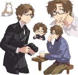  1boy :3 animal black-framed_eyewear black_jacket black_pants blue_sweater brown_eyes brown_hair brown_pants camera cat commentary_request cropped_legs dress_shirt gekkoukan_high_school_uniform hiraga_keisuke holding holding_camera isa_(peien516) jacket looking_at_viewer male_focus multiple_views neck_ribbon pants persona persona_3 plaid_clothes plaid_shirt rectangular_eyewear ribbon school_uniform semi-rimless_eyewear shirt short_hair sideways_glance simple_background sitting sweater under-rim_eyewear white_background white_shirt 