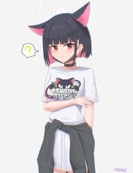  1girl ? absurdres animal_ears animal_print arm_behind_back arm_under_breasts black_choker black_hair blue_archive blunt_bangs blunt_ends blush bob_cut breasts cat_ears cat_girl cat_print choker clothes_around_waist colored_inner_animal_ears colored_inner_hair commentary cowboy_shot earclip earrings extra_ears grey_background hair_ornament hairclip halo highres jewelry kazusa_(band)_(blue_archive) kazusa_(blue_archive) large_breasts looking_at_viewer mask mask_pull mensiah mouth_mask multicolored_hair official_alternate_costume parted_lips pink_hair pink_halo pleated_skirt print_shirt red_eyes shirt short_hair short_sleeves signature simple_background skirt solo speech_bubble spoken_question_mark stud_earrings t-shirt two-tone_hair white_shirt white_skirt 