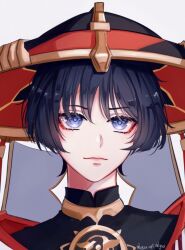  1boy abyss_of_alyss artist_name bishounen black_bodysuit black_hair black_hat blunt_ends bodysuit closed_mouth commentary eyelashes eyeliner genshin_impact gold gold_trim grey_veil hat highres jewelry jingasa makeup male_focus mandarin_collar mitsudomoe_(shape) neck_ring pink_lips portrait purple_pupils red_eyeliner red_hat scaramouche_(genshin_impact) smile solo tomoe_(symbol) tsurime veil violet_eyes white_background wispy_bangs 