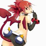  back bad_id bare_back bat_wings belt bracelet demon_girl disgaea earrings elbow_gloves etna gloves jewelry looking_back memesaso miniskirt pointy_ears prinny red_eyes red_hair redhead skirt solo tail thigh-highs thighhighs topless twintails wings 