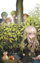  5girls black_gloves blue_hair blue_pantyhose blush braid closed_eyes closed_mouth commentary_request cookie crown_braid eating female_byleth_(awakened)_(fire_emblem) female_byleth_(fire_emblem) fingerless_gloves fire_emblem fire_emblem:_three_houses food garreg_mach_monastery_uniform gloves green_hair highres hilda_valentine_goneril holding holding_cookie holding_food korean_commentary leaf leonie_pinelli long_hair long_sleeves lysithea_von_ordelia marianne_von_edmund multiple_girls open_mouth orange_hair pantyhose pink_eyes pink_hair short_hair sidelocks sitting smile supi_002 tree twintails white_hair 