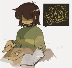  1other brown_hair colored_skin commentary_request corogarucoromo covered_eyes deltarune disappearance_outline eraser facing_viewer green_sweater highres kris_(deltarune) noelle_holiday notebook other_focus shaded_face short_hair simple_background solo spoken_character sweater upper_body utdr_(toby_fox) white_background yellow_skin 