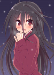  1girl ahoge black_hair blush clenched_hands coat commentary_request eyes_visible_through_hair g-senjou_no_maou hair_between_eyes hands_up highres korokoro_cat long_hair long_hair_between_eyes looking_at_viewer open_mouth outdoors red_coat sleeves_past_wrists snowing solo upper_body usami_haru v-shaped_eyebrows very_long_hair winter winter_clothes 