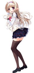  1girl areola_slip back_bow blonde_hair bow breasts demon_horns dot_nose frilled_skirt frills from_behind full_body game_asset hairband horns julia_lin_road loafers long_hair long_sleeves looking_back magical_marriage_lunatics!! miniskirt neck_ribbon non-web_source official_art plaid_clothes plaid_sailor_collar plaid_skirt pleated_skirt pointy_ears ribbon sailor_collar sakurasaka_tsuchiyu school_uniform serafuku shirt shoes simple_background skirt tachi-e thigh-highs transparent_background two-tone_shirt violet_eyes white_shirt 