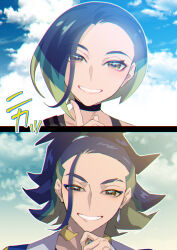  1boy 1girl adaman_(pokemon) black_choker black_hair blue_sky choker clouds commentary_request earrings eyebrows_hidden_by_hair green_hair highres index_finger_raised jewelry look-alike mitsuha_(bless_blessing) multicolored_hair perrin_(pokemon) pokemon pokemon_legends:_arceus pokemon_scarlet_and_violet ponytail short_hair single_earring sky smile 