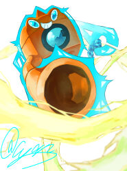  absurdres blue_eyes choice_scarf commentary_request cyan449 electricity floating grin highres no_humans pokemon pokemon_(creature) pokemon_focus rotom rotom_(wash) smile teeth washing_machine white_background 