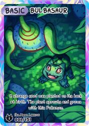  animal_focus artist_name berry_(pokemon) bright_pupils bulbasaur card_(medium) character_name charburst english_text fangs food from_above fruit full_body grass leaf no_humans nostrils open_mouth oran_berry outdoors plant pokedex_number pokemon pokemon_(creature) pokemon_card pokemon_focus pokemon_tcg red_eyes smile solo vines white_pupils 