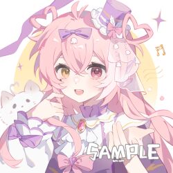  1girl :d animal antenna_hair ascot blush border bow cat commission crossed_bangs double-parted_bangs hair_between_eyes hair_rings hands_up hat heterochromia highres huolala_neiku_chaofan long_hair long_sleeves looking_at_viewer mihuashi_commission mini_hat mini_top_hat open_mouth original outside_border pink_bow pink_hair purple_hat red_eyes round_border shirt simple_background sleeve_bow smile solo sparkle teeth top_hat upper_body upper_teeth_only white_ascot white_border white_shirt yellow_background yellow_eyes 