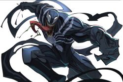  1boy claws english_commentary exnezoblood fangs highres looking_at_viewer marvel marvel_rivals muscular muscular_male open_mouth spider-man_(series) superhero_costume symbiote tongue tongue_out venom_(marvel) white_background 