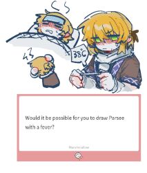  1girl arm_warmers blonde_hair blush brown_shirt closed_eyes closed_mouth cold_pack fan_request fever frown green_eyes l_fzxxxx lying marshmallow_(site) medium_hair mizuhashi_parsee multiple_views on_back pointy_ears scarf shirt short_sleeves sick simple_background sweat thermometer touhou under_covers white_background white_scarf 