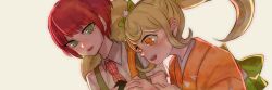  2girls blonde_hair blush blush_stickers bow collared_shirt commentary_request danganronpa_(series) danganronpa_2:_goodbye_despair eyelashes freckles green_bow green_eyes hair_bow japanese_clothes kimono koizumi_mahiru long_hair multiple_girls necktie open_mouth orange_eyes orange_kimono plaid_clothes plaid_necktie red_hair red_necktie saionji_hiyoko shinshishinc shirt short_hair simple_background smile teeth twintails upper_teeth_only white_background white_shirt 