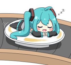  1girl :3 :d ahoge blue_hair blush_stickers chibi chibi_only closed_eyes commentary_request conveyor_belt detached_sleeves double-parted_bangs full_body hatsune_miku highres long_hair lying nukotun on_plate on_stomach open_mouth plate simple_background smile solo twintails vocaloid white_background zzz 
