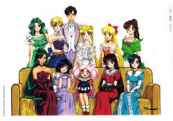  1boy 6+girls aino_minako artist_name back_bow bishoujo_senshi_sailor_moon bishoujo_senshi_sailor_moon_s black_eyes black_hair blonde_hair blue_bow blue_dress blue_eyes bow bowtie brooch chiba_mamoru chibi_usa choker closed_mouth collar commentary couch crescent crescent_earrings curtained_hair detached_collar double_bun dress dress_flower earrings elbow_gloves english_commentary fishnet_gloves fishnets flower formal_clothes frilled_dress frills fukano_youichi gloved_sleeves gloves green_bow green_dress green_eyes green_gloves green_hair green_shirt hair_bow hair_bun hair_ornament hand_in_own_hair hand_up hands_on_lap hands_up highres hino_rei interlocked_fingers jacket jewelry kaiou_michiru kino_makoto lipstick long_dress long_hair long_sidelocks looking_at_viewer luna-p makeup medium_hair meiou_setsuna mizuno_ami multiple_girls official_art on_couch open_clothes open_jacket open_mouth orange_choker orange_dress own_hands_together pants pearl_choker pink_dress pink_eyes pink_hair pink_lips ponytail puffy_short_sleeves puffy_sleeves purple_dress purple_flower purple_gloves purple_jacket purple_pants purple_rose red_bow red_collar red_dress red_flower red_gloves red_rose rose sash scan shirt short_hair short_sleeves sidelocks signature simple_background sitting skirt sleeveless sleeveless_dress smile standing strapless strapless_dress strapless_shirt ten'ou_haruka third-party_source tomoe_hotaru tsukino_usagi twintails v_arms very_long_hair violet_eyes wavy_hair white_background white_bow white_bowtie white_dress white_flower white_sash white_shirt white_skirt yellow_flower yellow_rose 