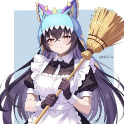  1girl absurdres animal_ears apron artist_name black_gloves black_hair blush breasts broom character_request chinese_commentary commentary_request copyright_request frilled_apron frills gloves highres holding holding_broom juliet_sleeves large_breasts long_hair long_sleeves looking_at_viewer maid maid_apron maid_headdress multicolored_hair puffy_short_sleeves puffy_sleeves purple_hair short_sleeves signature smile solo two-tone_hair white_apron yushe 
