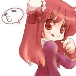  1girl 2000s_(style) :q blush_stickers bun_cover closed_mouth commentary_request double_bun dress hair_bun hand_up long_hair long_sleeves looking_at_viewer looking_to_the_side lowres orange_eyes priest_(ragnarok_online) purple_dress ragnarok_online red_hair simple_background smile solo todoemon tongue tongue_out upper_body white_background 