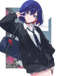  1girl alternate_costume bag black_cardigan black_choker black_necktie blue_eyes blue_hair cardigan choker collared_shirt colored_inner_hair commentary hair_between_eyes hair_ornament hairclip hands_in_pocket hastur_(kamitsubaki_studio) kamitsubaki_studio long_sleeves looking_at_viewer miniskirt multicolored_eyes multicolored_hair necktie plaid_clothes plaid_skirt pleated_skirt red_hair rim_(kamitsubaki_studio) school_bag school_uniform shirt short_hair skirt striped_clothes striped_necktie takasaka_light untranslatable_commentary white_shirt yellow_pupils 