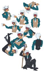  1boy ace_attorney black_coat coat coffee_mug commentary_request cup dark-skinned_male dark_skin facial_hair formal_clothes godot_(ace_attorney) hair_slicked_back highres korean_commentary male_focus mug necktie open_clothes open_coat phoenix_wright:_ace_attorney_-_trials_and_tribulations pinstripe_pattern pinstripe_vest plum_(ms8748) smug solo striped_clothes striped_vest vest white_hair white_necktie 