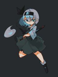  1girl ascot black_ascot black_bow black_hairband black_shoes blue_eyes bow bow_hairband chinese_commentary chutougao closed_mouth collared_shirt commentary_request dress fighting_stance frown full_body green_background green_dress grey_hair grey_shirt grey_socks hairband holding holding_sword holding_weapon jumping katana konpaku_youmu konpaku_youmu_(ghost) looking_at_viewer ready_to_draw shirt shoes short_hair simple_background socks solo sword touhou weapon 