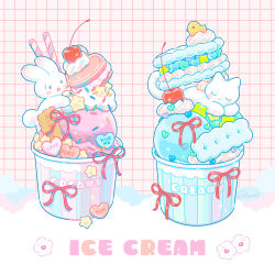  absurdres animal cat cherry commentary cream english_commentary food food_focus fruit grid_background heart highres hiro046k ice_cream macaron no_humans original rabbit red_ribbon ribbon sparkle sprinkles 