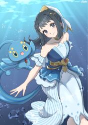  1girl akari_(pokemon) akari_(summer_2026)_(pokemon) antennae bare_shoulders belt black_hair blue_dress blue_eyes blush breasts closed_mouth collarbone commentary_request dress gold_belt gold_choker gold_collar gradient_clothes gradient_dress high-waist_belt highres layered_dress long_hair manaphy mochitaro_(mothitaroo) ocean official_alternate_costume open_mouth pokemon pokemon_(creature) pokemon_masters_ex ponytail sidelocks small_breasts smile strapless strapless_dress underwater veil water white_veil 